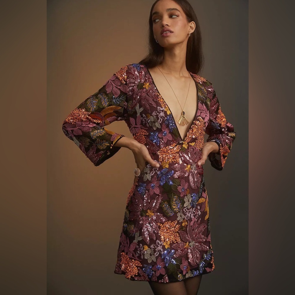 NWT Anthropologie Floral + Sequin Mini Dress
